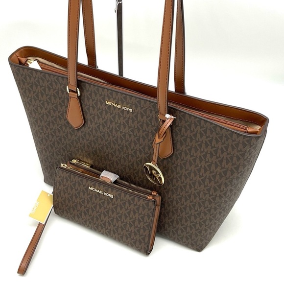 Michael Kors Bag Large Sheila Mf Tote Bag & Large Double Zip Wallet Brown/Gold - Picture 11 of 14